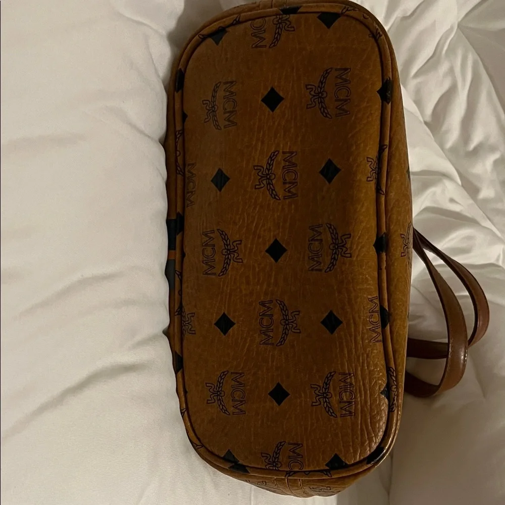MCM Cognac Brown Visetos Small Tote with Navy and Orange Stripes